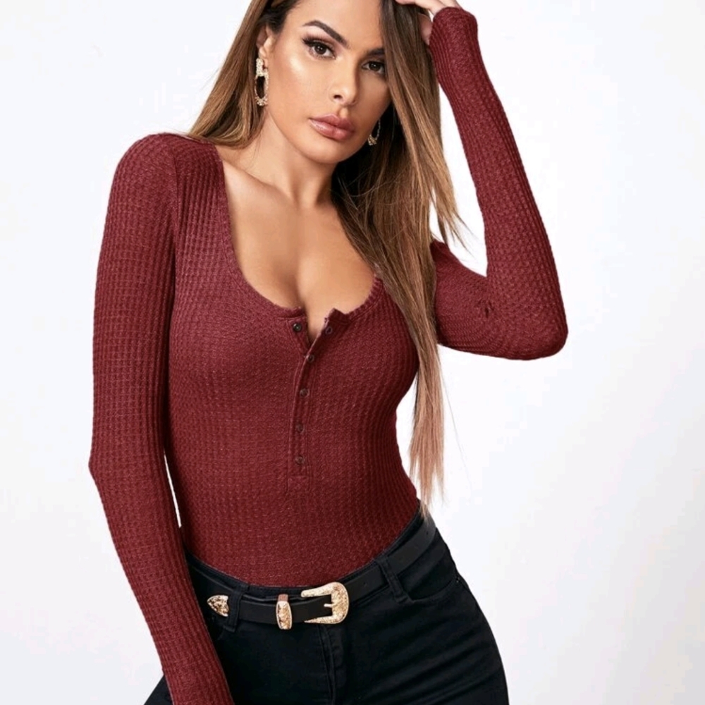 Waffle Knit Henley Tee - Red